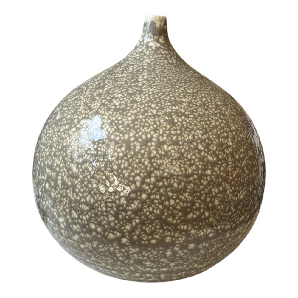 Crate & Barrel Beven Speckled Ceramic Bud Vase Handmade Portugal Gray White 7x8"